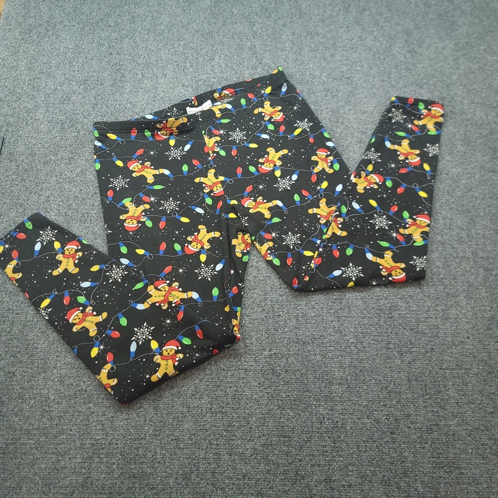 French Laundry Christmas Leggings XL Gingerbread Man Holiday Lights Black